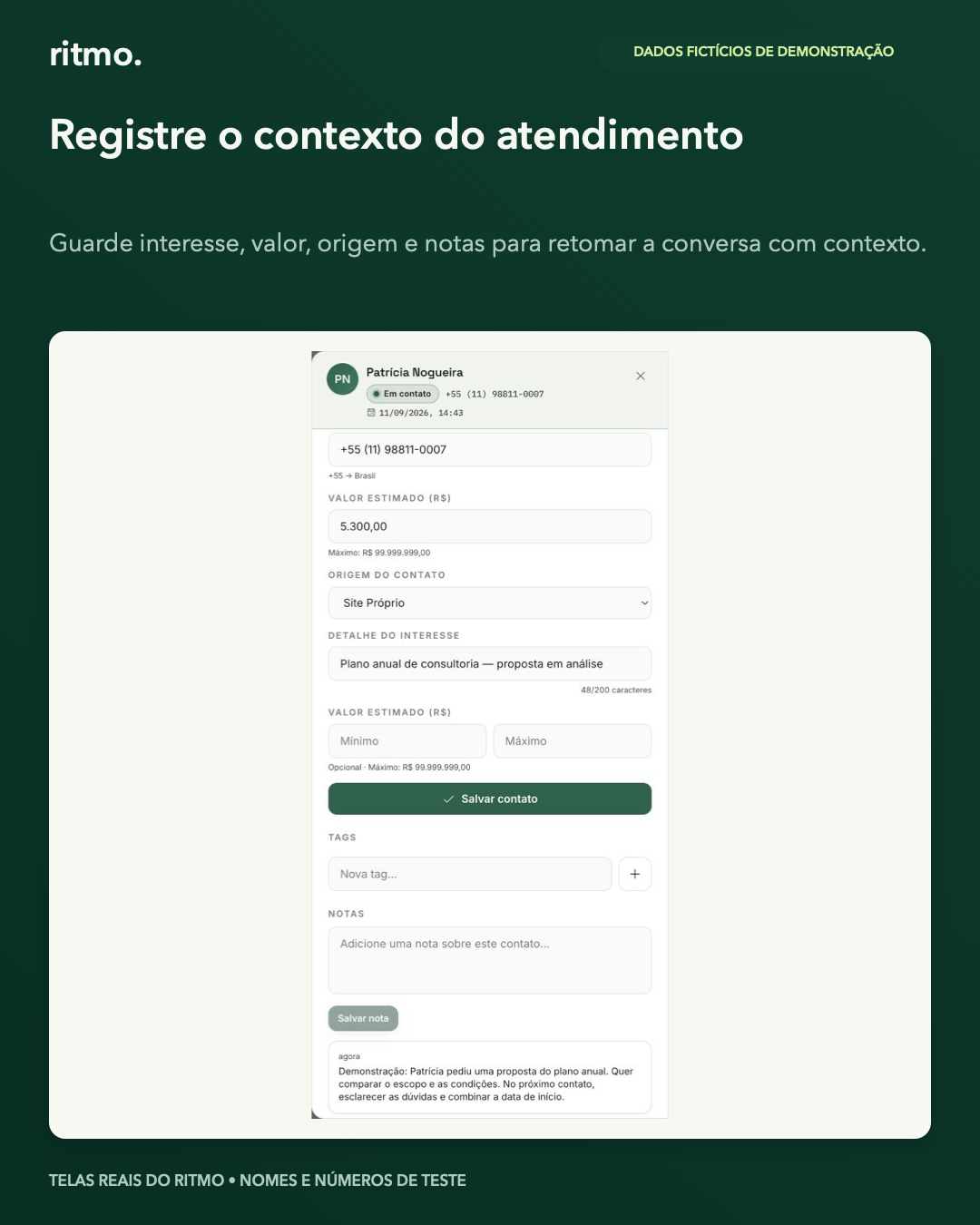 Ficha de contato do Ritmo com campos de interesse e notas