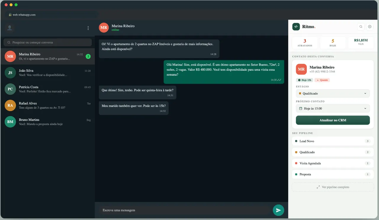 Extensão Ritmo funcionando ao lado do WhatsApp Web